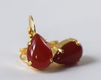 Carnelian Teardrop Earrings, 18th Century Earring, red orange Pear Earring, Regency jewelry, historical earring, Autumn Earring Burnt Orange