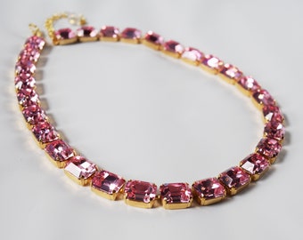 Collana Swarovski in cristallo rosa blush, cristallo Swarovski vintage, collana collet rosa chiaro, collana Rivere rosa, strass rosa blush