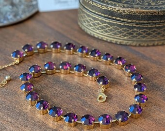 Collar de cristal Swarovski morado, collar Riviere morado, collar de engaste morado oscuro, collar de tenis, boda morada oscura, joya de cristal de amatista