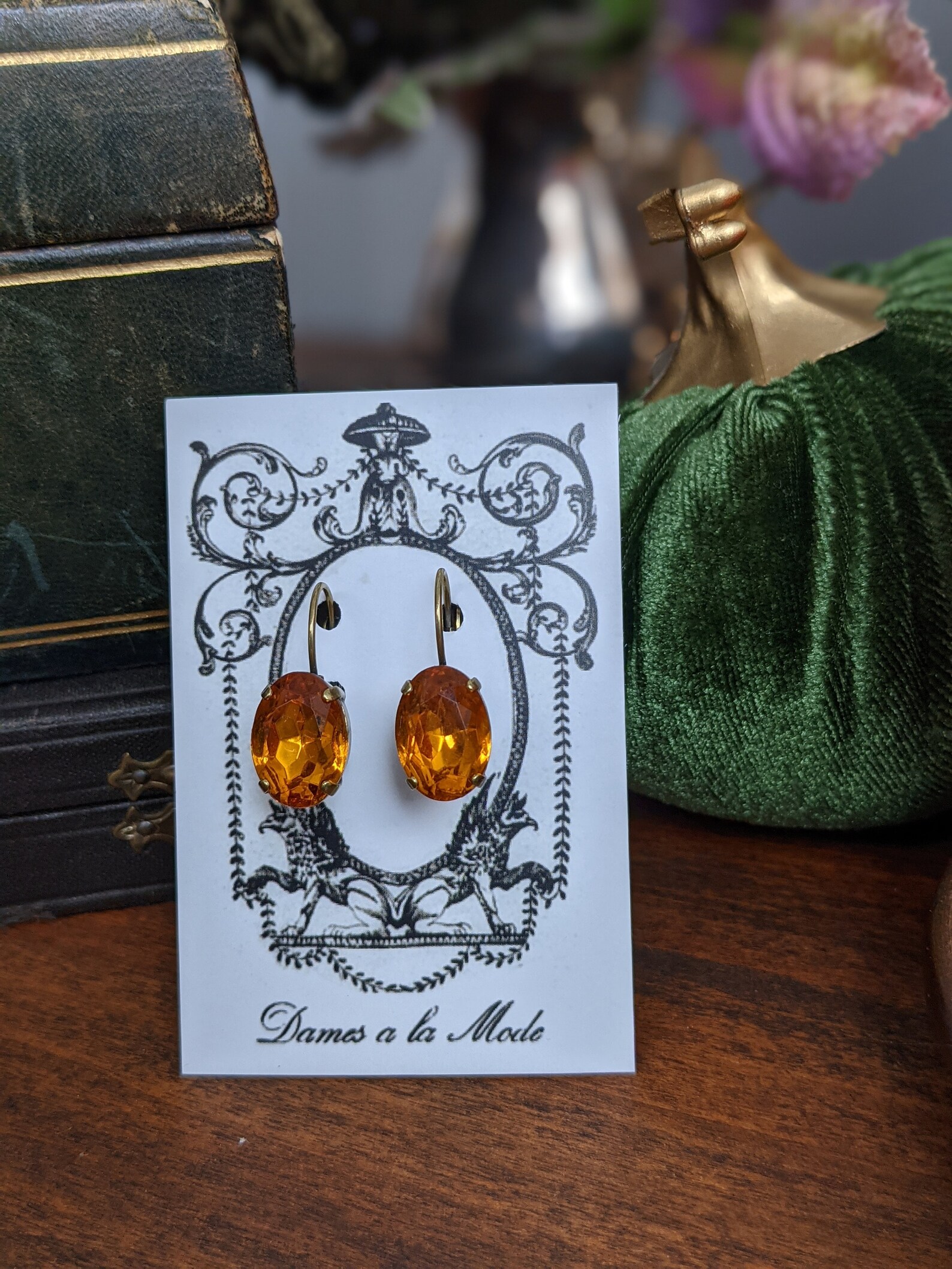 Orange Topaz Earrings Orange Rhinestone Earrings Crystal Etsy