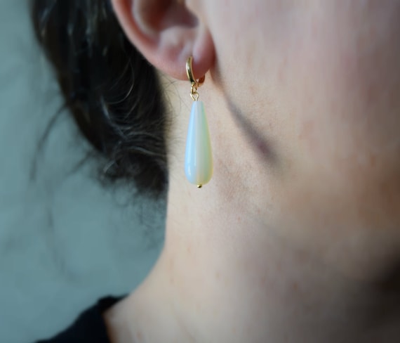 Glass Opalite Earrings Green Peridot Glass Gumetal Teardrop Earrings 32mm Tall 11mm Wide