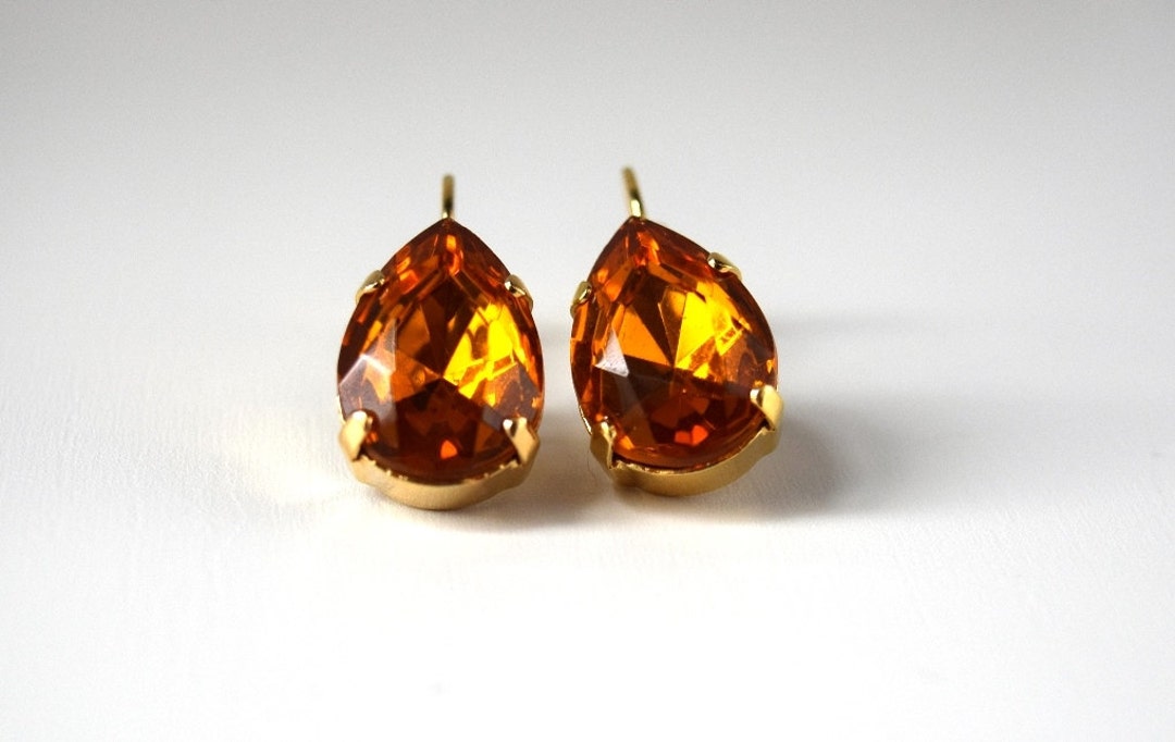 Orange Rhinestone Earrings, Topaz Crystal Earring, Orange Crystal