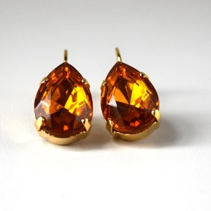 Orange Rhinestone Earrings, Topaz Crystal Earring, Orange Crystal Jewelry, 18th Century, 19th Century, Victorian Earring Teardrop Earrings