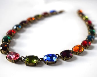 Multicolor Necklace, Jewel tone Necklace, Anna Wintour Necklace, Collet Necklace, Downton Abbey Necklace Multicolor Crystal, Harlequin 14x10