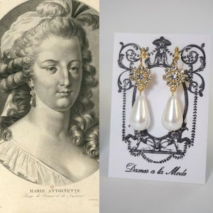 Marie Antoinette Crystal Pearl Earrings, Rococo Jewelry, Crystal Cluster Jewelry, Pearl Dangle Earrings, 18th Century 1700s Rhinestone Jewel