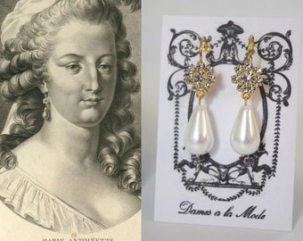 Marie Antoinette Crystal Pearl Earrings, Rococo Jewelry, Crystal Cluster Jewelry, Pearl Dangle Earrings, 18th Century 1700s Rhinestone Jewel