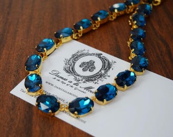 Blue Zircon Crystal Collet Necklace, Teal Blue Crystal necklace, Zircon Riviere Necklace, Rhinestone Blue Necklace, Turquoise Blue Wintour
