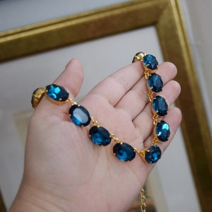 Blue Zircon Crystal Collet Necklace, Teal Blue Crystal necklace, Zircon Riviere Necklace, Rhinestone Blue Necklace, Turquoise Blue Wintour image 5