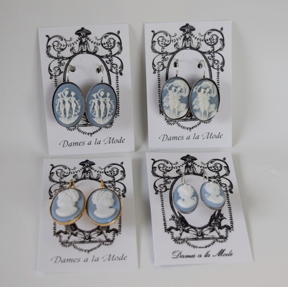 Blue and White Cameo Earrings Regency Cameo Dangle Earrings
