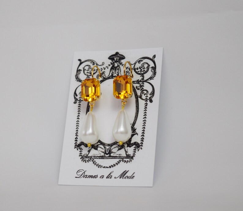 Topaz and Pearl Earring, Rhinestone Glass Earring, Orange Crystal Jewelry, Historical Jewelry, Marie Antoinette, Regency Earring, Crystal image 3