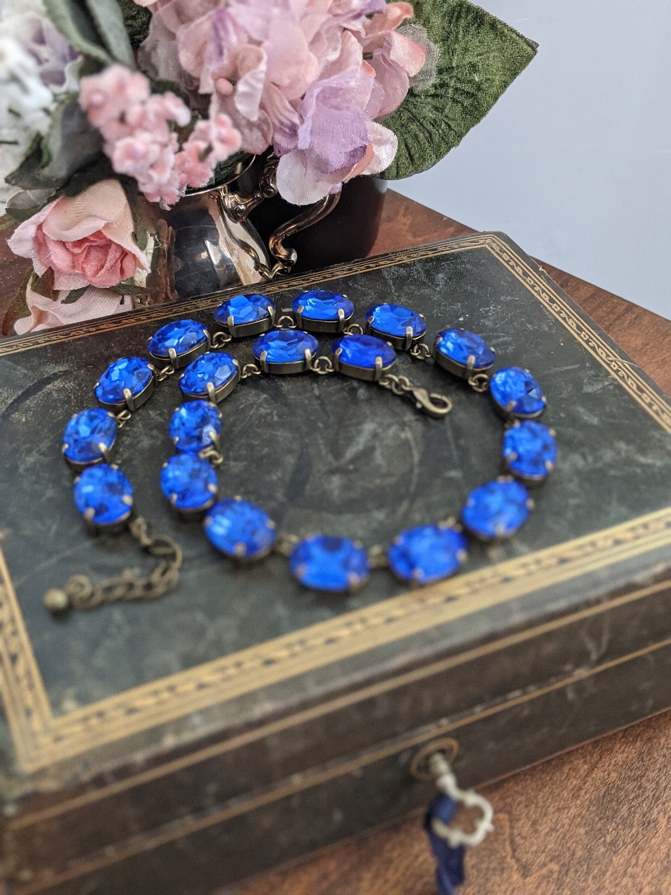 Blue Crystal Necklace, Blue Riviere Rhinestone Necklace, Sapphire ...