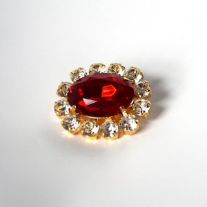 May include: A red oval-shaped rhinestone brooch with a gold setting and a circle of clear rhinestones around the edge.