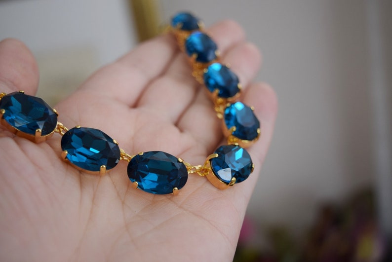 Blue Zircon Crystal Collet Necklace, Teal Blue Crystal necklace, Zircon Riviere Necklace, Rhinestone Blue Necklace, Turquoise Blue Wintour image 4