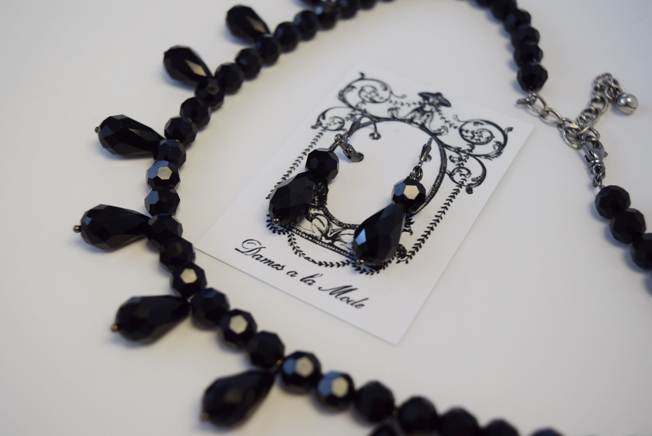 Jet Crystal Fringe Necklace, Victorian Mourning, Black Glass