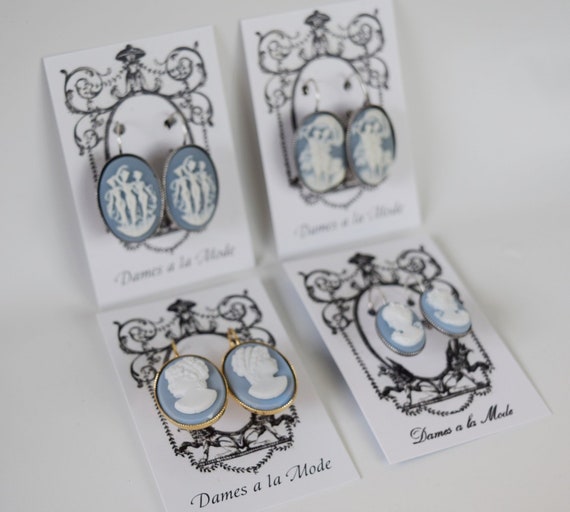 Blue and White Cameo Earrings Regency Cameo Dangle Earrings