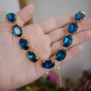 Blue Zircon Crystal Collet Necklace, Teal Blue Crystal necklace, Zircon Riviere Necklace, Rhinestone Blue Necklace, Turquoise Blue Wintour image 3