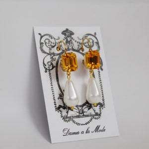 Topaz and Pearl Earring, Rhinestone Glass Earring, Orange Crystal Jewelry, Historical Jewelry, Marie Antoinette, Regency Earring, Crystal image 2