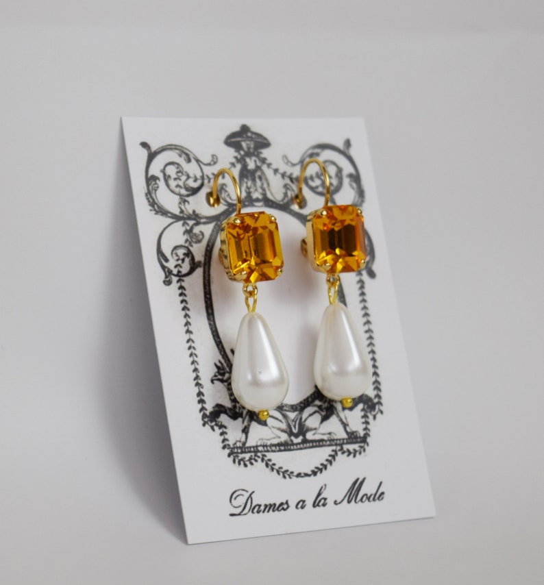 Topaz and Pearl Earring, Rhinestone Glass Earring, Orange Crystal Jewelry, Historical Jewelry, Marie Antoinette, Regency Earring, Crystal image 2