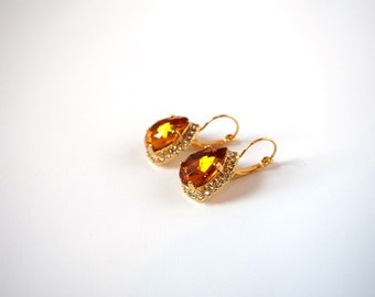 Orange Crystal Earrings, Orange Topaz Earring, Orange Jewelry, 18th Century jewelry, Regency Earrings, Georgian Paste, Orange Topaz Jewelry