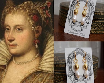 Renaissance Earrings, Historical Earrings, Historical Jewelry, 1600s Earrings, 1500s Jewelry, 16th Century Earrings, Pearl and Gold Earrings
