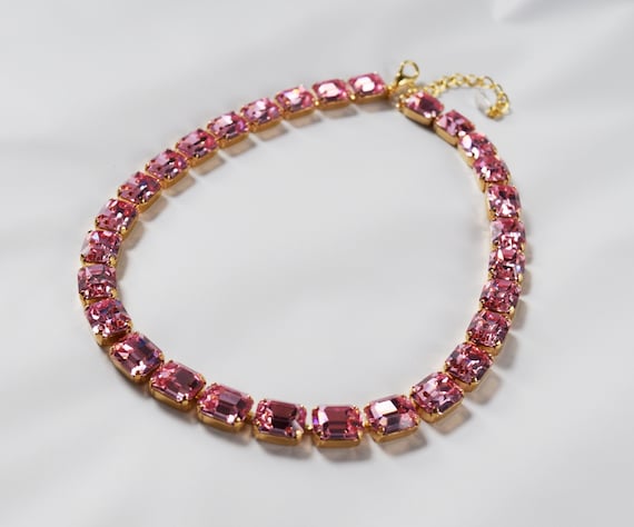 Blush Pink Crystal Swarovski Necklace, Vintage Swarovski Crystal, Light Pink Collet Necklace, Pink Rivere Necklace, Blush Pink Rhinestones
