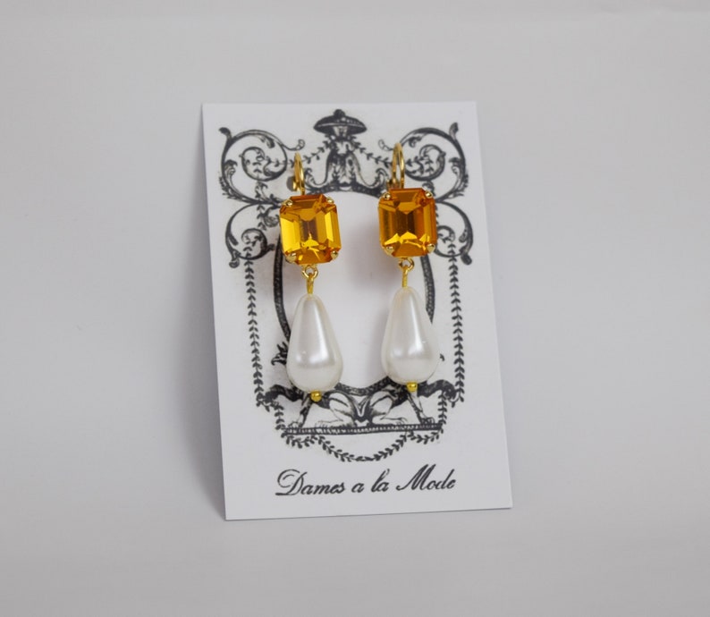 Topaz and Pearl Earring, Rhinestone Glass Earring, Orange Crystal Jewelry, Historical Jewelry, Marie Antoinette, Regency Earring, Crystal image 1