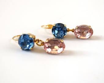 Blush Pink Light Blue Earrings, Light Pink Sky Blue Crystal Earrings, Rhinestone Jewelry, Marie Antoinette Jewelry, Regency Earrings 18th
