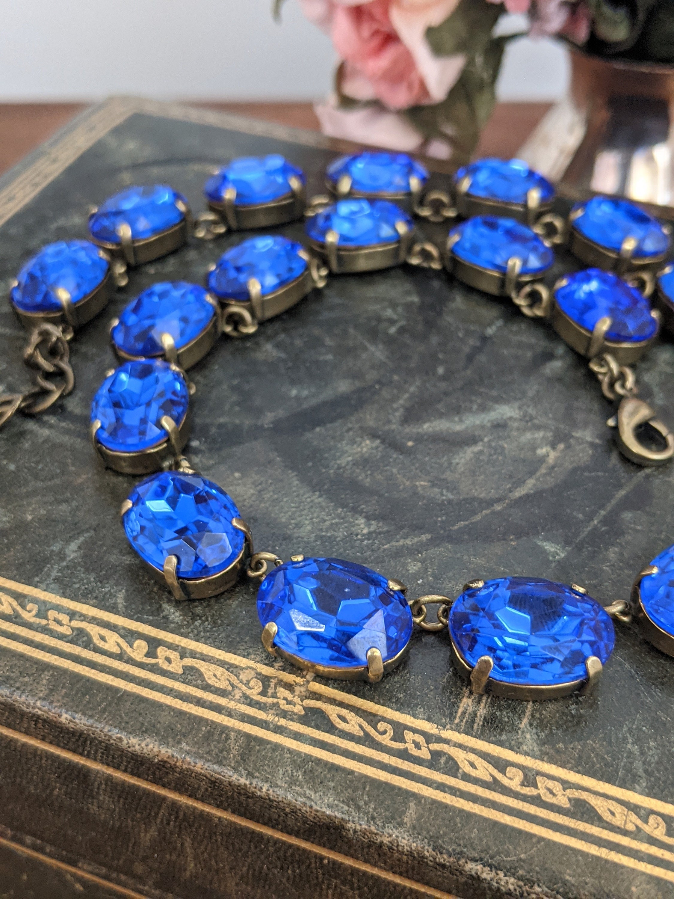 Blue Crystal Necklace, Blue Riviere Rhinestone Necklace, Sapphire ...