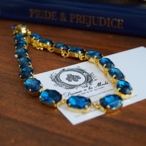 Blue Zircon Crystal Collet Necklace, Teal Blue Crystal necklace, Zircon Riviere Necklace, Rhinestone Blue Necklace, Turquoise Blue Wintour image 2