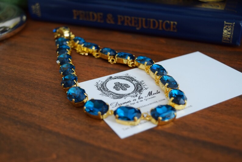 Blue Zircon Crystal Collet Necklace, Teal Blue Crystal necklace, Zircon Riviere Necklace, Rhinestone Blue Necklace, Turquoise Blue Wintour image 2