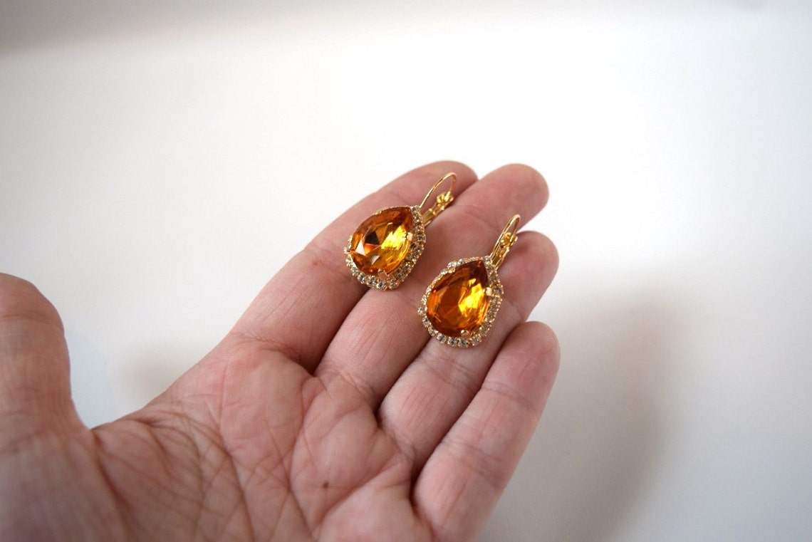 Orange Crystal Earrings Orange Topaz Earring Orange Jewelry Etsy