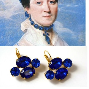 Reproduction 18th Century Earrings, 1700s Blue Sapphire Jewelry, Blue Crystal Earring, Sapphire Rhinestone Jewelry, Georgian Paste Earrings