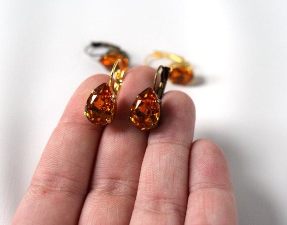 Topaz Crystal Earrings Swarovski Crystal Earring Orange Topaz