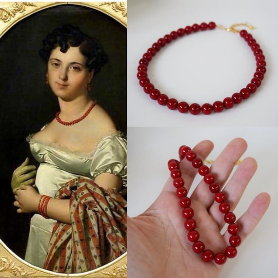 Collana di perle di perle rosse di perle, collana rossa Regency, girocollo  del 19 secolo rosso corallo, gioielli Jane Austen, collana di perle rosse  storica -  Italia