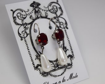 Garnet Crystal and Pearl Earring, Red Dangle Earring, Dark Red Crystal Jewelry, Red Earring 19th Century Jewelry, Red Rhinestone Historical