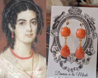 Regency Coral Earrings, Historical Coral Jewelry, Glass Coral Dangle Earrings, Historic Jewelry, 19th Century Coral Jane Austen Jewelry Pink