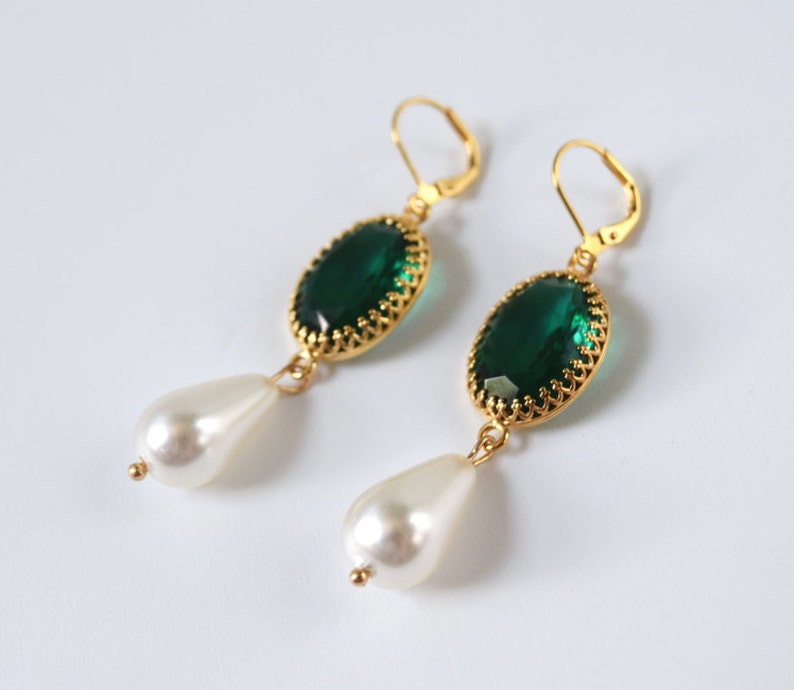 Emerald and Pearl Earrings, Green Crystal Pearl Paste Glass , 16th Century Jewelry, Tudor Earring, Elizabethan Jewelry, Queen Elizabeth image 3