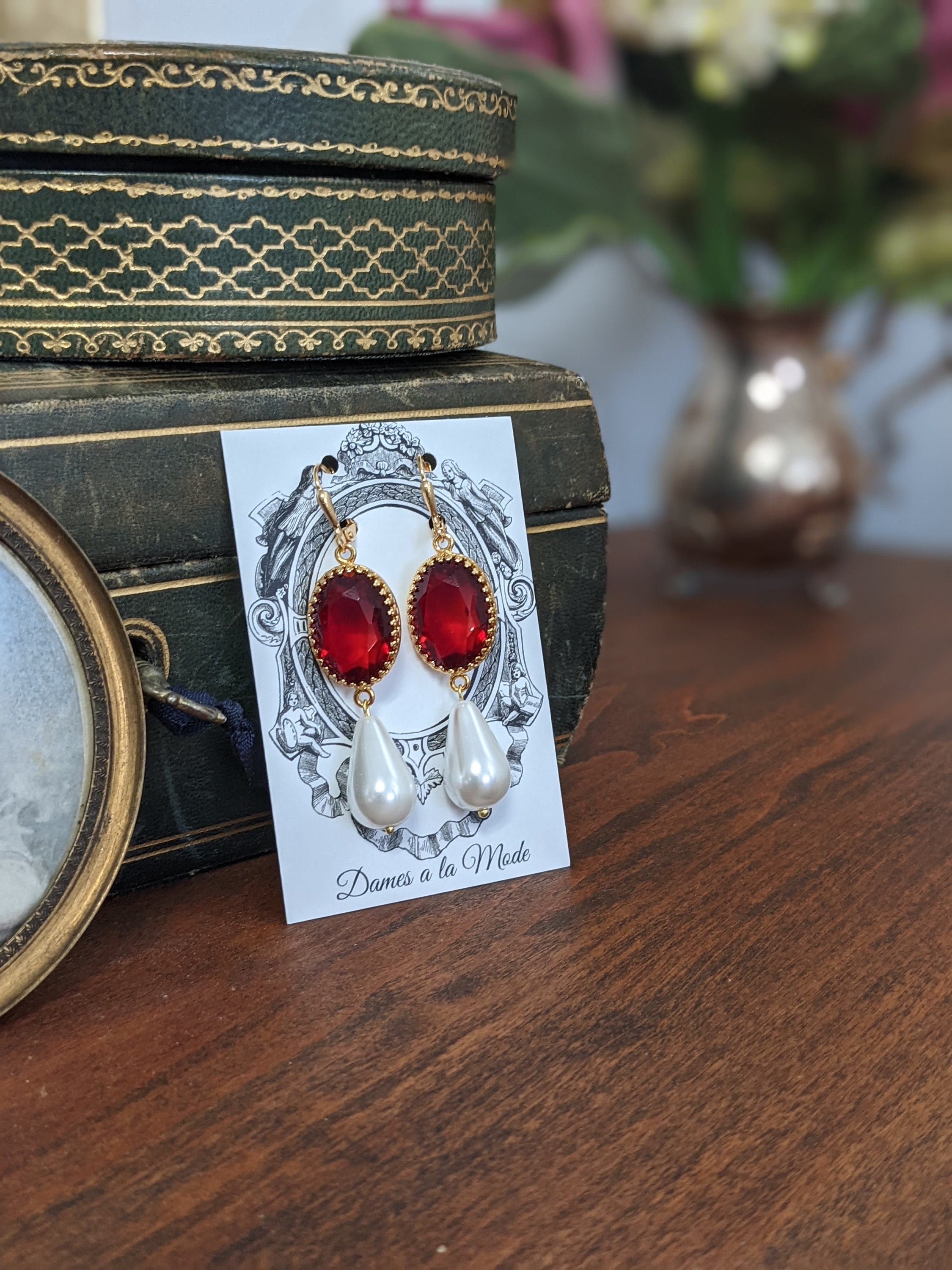 Ruby and Pearl Earrings Ruby Red Pearl Georgian Paste Glass - Etsy Israel