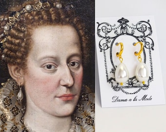 Tudor Baroque Pearl Earrings, Elizabethan Pearl Dangle Earring, Renaissance Jewelry, Large Pearl Dangle Earring, Historical  Queen Elizabeth