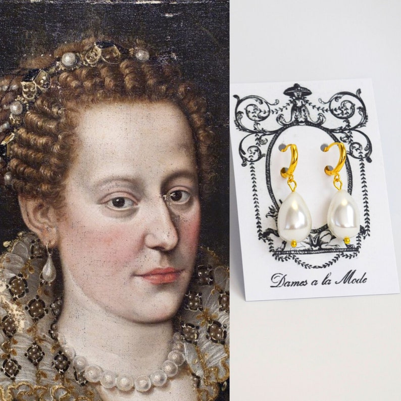 Tudor Baroque Pearl Earrings, Elizabethan Pearl Dangle Earring, Renaissance Jewelry, Large Pearl Dangle Earring, Historical Queen Elizabeth image 1