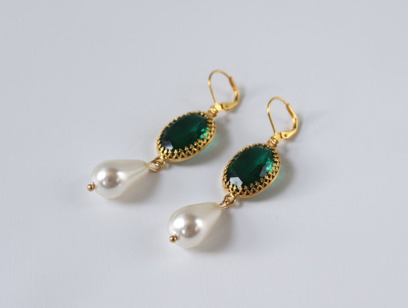 Emerald and Pearl Earrings, Green Crystal Pearl Paste Glass , 16th Century Jewelry, Tudor Earring, Elizabethan Jewelry, Queen Elizabeth image 2