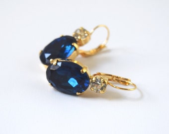 Navy Rhinestone Earrings, Navy Blue Crystal, Bridal Earrings, Midnight Blue Bridesmaid, Dark Blue Wedding Earring, Montana Regency Jewelry