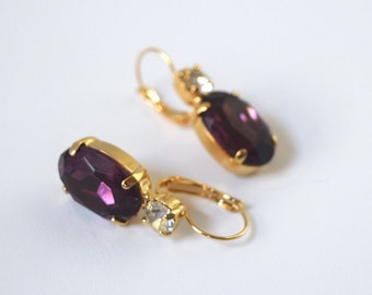 Purple Rhinestone Earrings, Amethyst Crystal, Dark Purple Earrings, Purple Bridesmaid, Purple Wedding Earring, Amethyst  Regency Jewelry