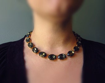 Grey Anna Wintour Necklace, Slate Grey Necklace, Georgian Paste, Statement Necklace, Gray Crystal, Black Diamond, Jane Austen Jewelry,