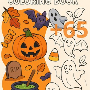 May include: A Halloween coloring book cover with the title "Halloween Coloring Book" in orange and white. The cover features a jack-o'-lantern, ghosts, bats, candy corn, and a cauldron. The book has 65 pages.