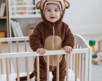 Schattige baby aap kostuum romper – jungle dieren romper baby pyjama, peuter cartoon cosplay outfit, pasgeboren dierentuin feestkostuum