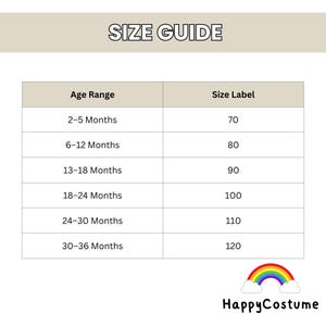 May include: A size guide chart with the text "SIZE GUIDE" at the top. The chart lists age ranges from 2-5 months to 30-36 months, with corresponding size labels from 70 to 120. A rainbow and the words "HappyCostume" are at the bottom.