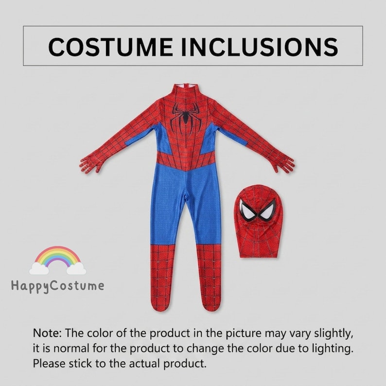 May include: A red and blue full-body jumpsuit costume with a black spider emblem on the chest and a matching red mask with white eye lenses. The text COSTUME INCLUSIONS is at the top, and the HappyCostume logo with a rainbow is at the bottom left.