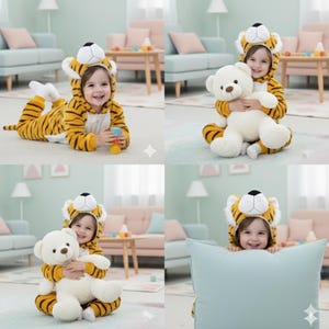 May include: A child wearing a tiger-striped costume with a matching hood. The costume is yellow and black. The child is holding a white teddy bear. The child is smiling and appears to be in a living room setting.