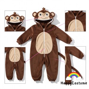 May include: Brown monkey-themed jumpsuit with a hood featuring a monkey face. The jumpsuit has a beige belly and a tail. The zipper runs down the front. The HappyCostume logo is visible in the bottom right corner.